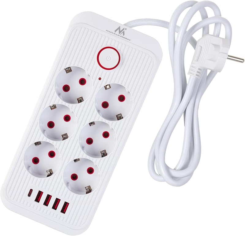 Regleta MCE389/391 | 6 Conectores 4xUSB 1xUSB-C 2500W | Cable de extensión de Escritorio con Interruptor | Puertos 45° | Montado en la Pared (Blanco, 1,5 m)