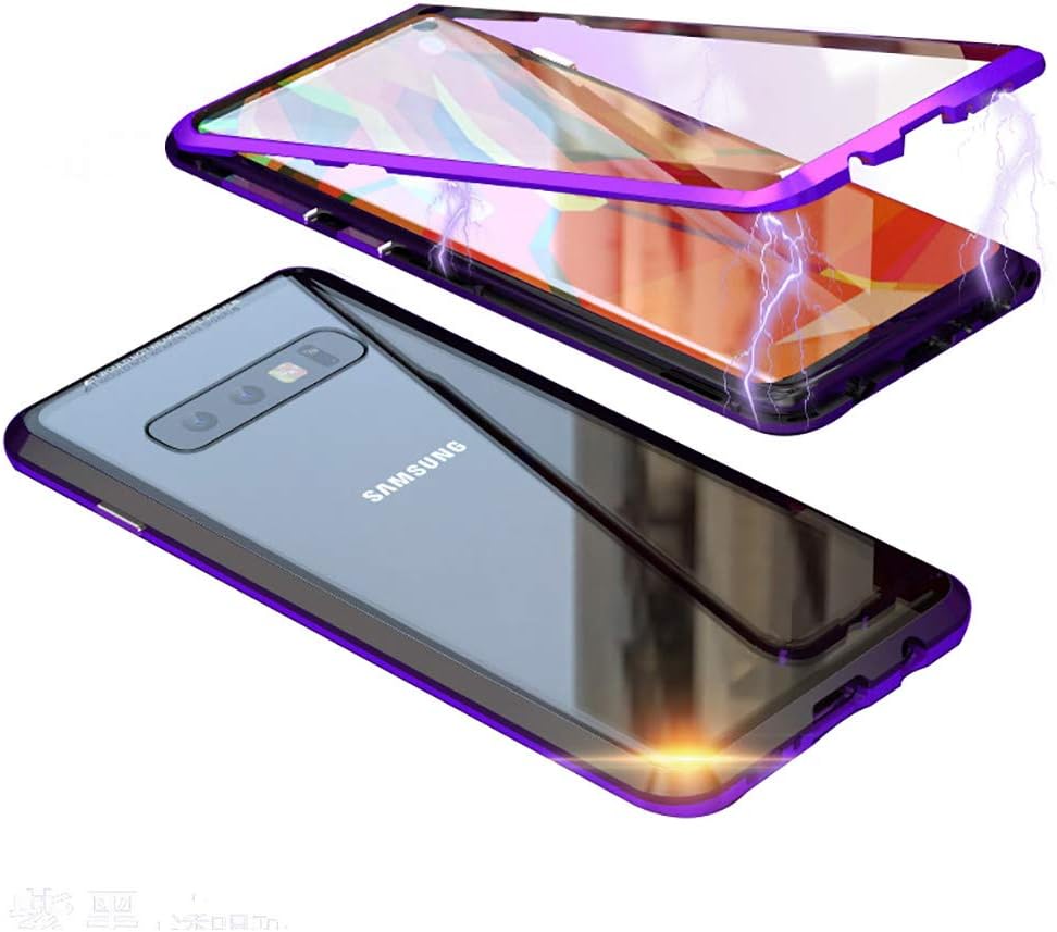 HONTECH Compatible Galaxy S10 Case, Slim Magnetic Adsorption Metal Frame with Built-in Magnet Flip Tempered Glass Cover, Black-Purple