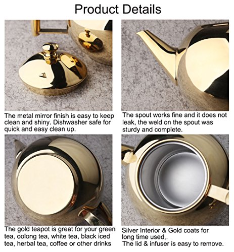 1.5 Liter Teapot Gold Pot with Infuser for Loose Tea Stainless Steel Coffee Kettle 6 Cup Induction Stovetop Tea Pot Strainer Office Hot Water Mirror Finish 1.6 Quart 51 Ounce by Onlycooker - Thumbnail 5