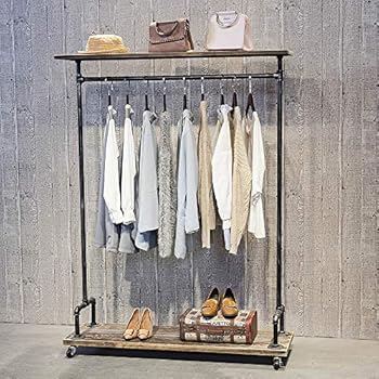 rack clothes clothing hanging industrial wheels shelves pipe racks rolling wooden coat retail display duty heavy cloths garment unavailable