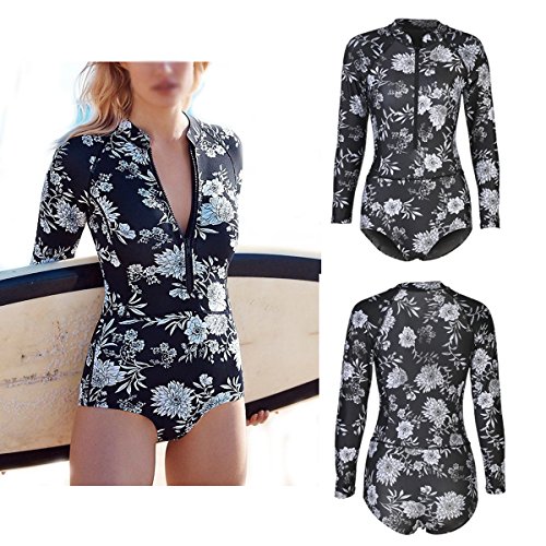 Women's Fashion Printing One Piece Long Sleeve Zip UV Protection Print Surfing Swimsuit Swimwear Bathing Suits (Medium, Black)