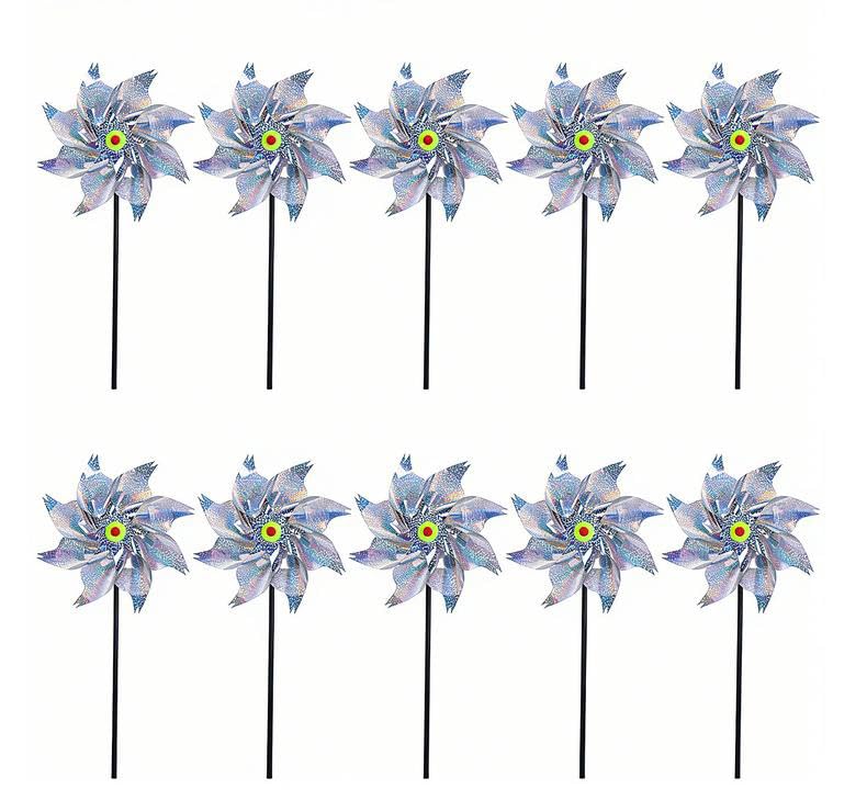 Toyhood 10Pcs 50cm Holographic Silver Rainbow Pinwheels, Large Reflective Bird Repellent Windmill Wind Spinners, DIY Pinwheels Set for Garden Lawn Reflective Bird Decor