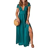 ANRABESS Women Summer Deep V Neck Short Sleeve Dresses Slit Elegant Wedding Guest Formal Cocktail Evening Maxi Long Dress