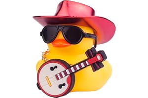 CoFuBcad Car Yellow Rubber Duck, Duck Dashboard Decoration with Cowboy Hat Necklace Sunglasses Mini Musical Instrument for Car Dashboard Decorations (Red-Hat)