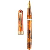 Asvine P20 Piston Fountain Pen Amber Resin, Iridium Medium Nib Gold Trim Smooth Writer Collection with Case Set