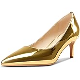 TNYNFBEB Womens Low Kitten Heel Pointed Toe Pumps Slip-on Prom Wedding Daily Dress Patent Leather 2.6 Inches Heels