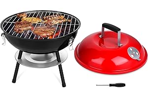 Outdoor Portable Charcoal Grill, Leonyo 14” Small BBQ Charcoal Grill, Mini Tabletop Charcoal Grill, Enamel Coated Hibachi Grill for Backyard Cooking, Camping, Picnics, Garden, Beach, Red