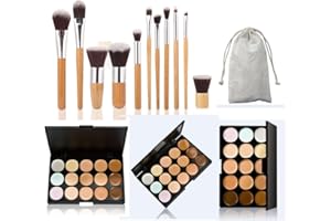 Pure Vie 15 Colors Cosmetics Cream Contour and Highlighting Makeup Kit, Color Correcting Cream Concealer Camouflage Makeup Palette + 11 Pcs Foundation Powder Concealer Eye Shadows Makeup Brushs