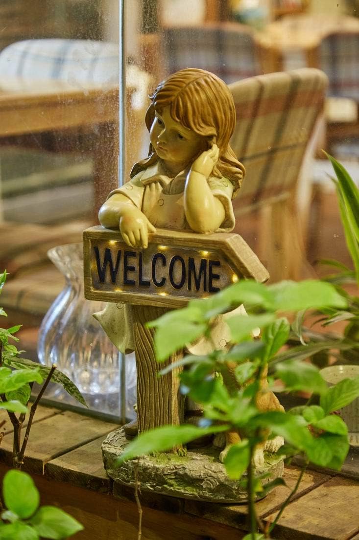 Outdoor Girl Garden Statue with Solar LED Lights, Children with Cat Statue Welcome Sign Garden Statues for Home Decor, Great for Porch, Patio, Yard Art Decorations, Cat Memorial Statues, Polyresin: Home Improvement