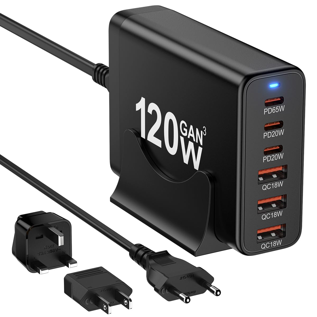 Photo 1 of European USB C Charger Station Fast Charging Hub Europe Travel Power Adapter Multiple 6 Multi Port 120W GaN PD QC Block EU UK US Plug for Apple iPhone Samsung Pixel 65W Laptop MacBook Pro Air Surface