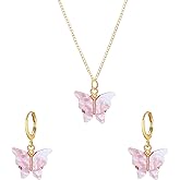 Aishgjia Acrylic Butterfly Hoop Huggie Earrings Alloy Colorful Butterfly Dangle Earrings for Women Necklace Set Statement Jewelry