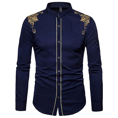 laamei Herren Hemd Stehkragen Steampunk Gothic Vintage Slim Fit mit Stickerei Langarmhemd