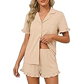 LYANER Women's Button Down V Neck Short Sleeve Ruffle Trim Top with Shorts Sleepwear Pajamas Set
