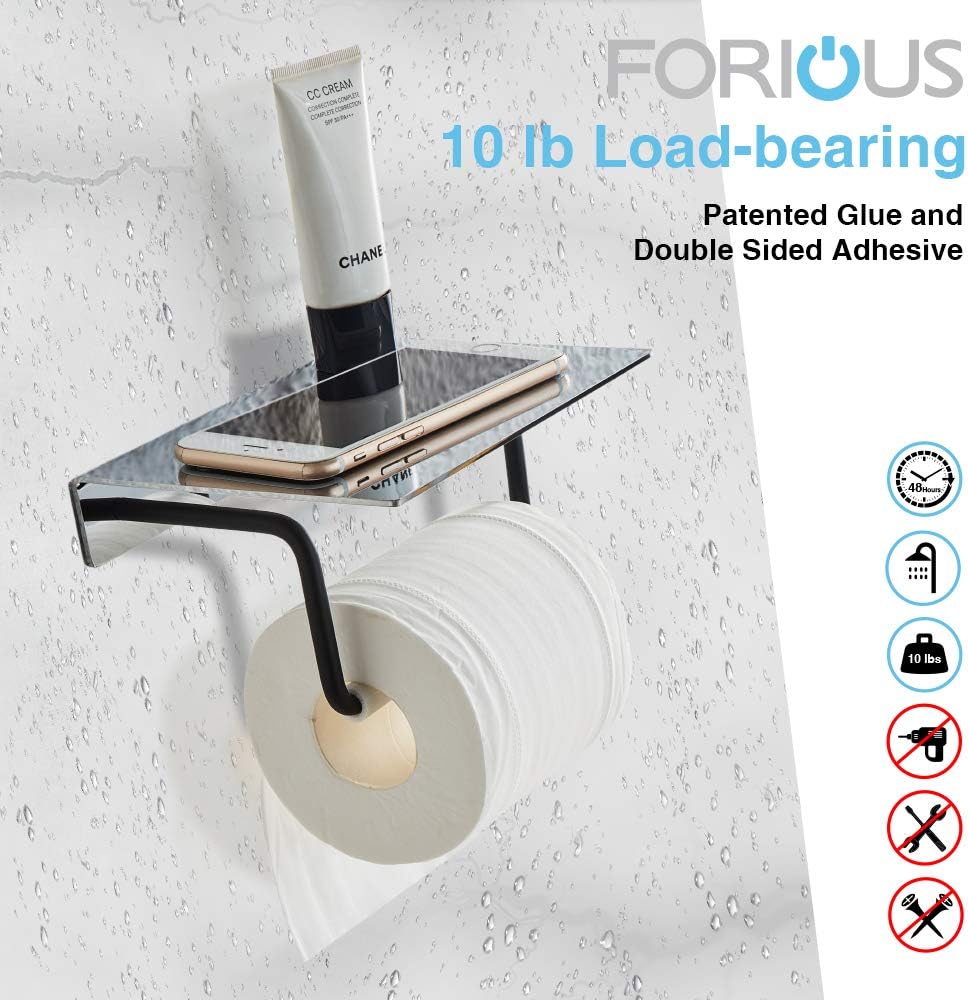 Toilet Paper Holder With Shelf Wall Mount, Bathroom Tissue Holder with Patented Glue + Self-Adhesive, No Drilling Toilet Paper Roll Holder, Stainless Steel with Mirror Brushed Finish + Matte Black: Home & Kitchen