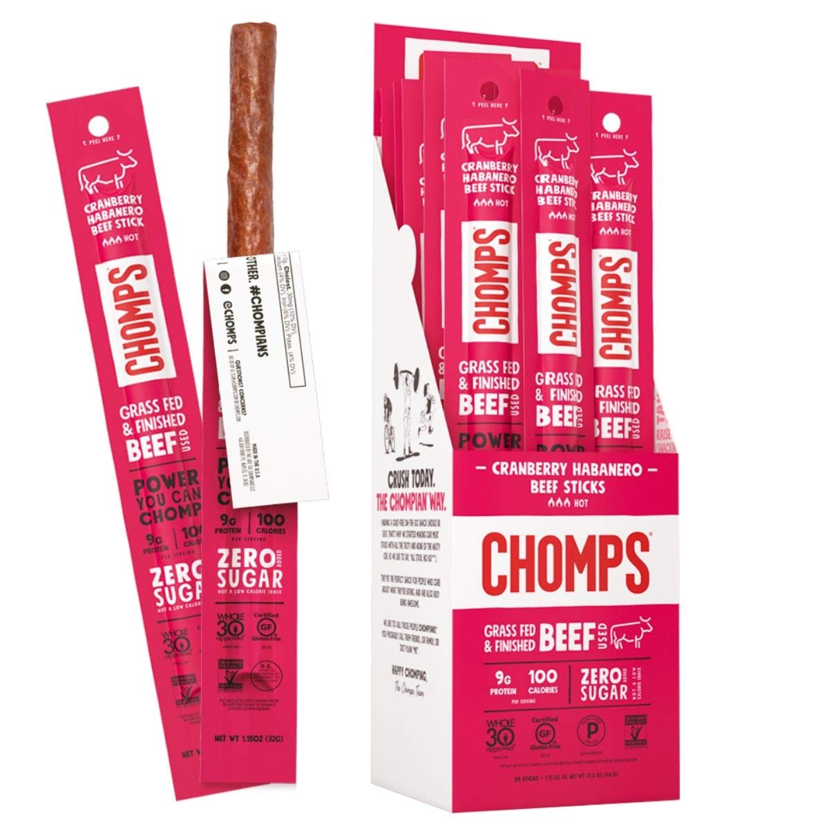 Chomps Grass Fed Cranberry Habanero Beef Jerky Snack Sticks, Keto &amp; Paleo, Whole30, Non-GMO, Gluten Free, Nitrate Free, 100 Calorie Snacks, 1.15 Oz Meat Stick, Pack of 24