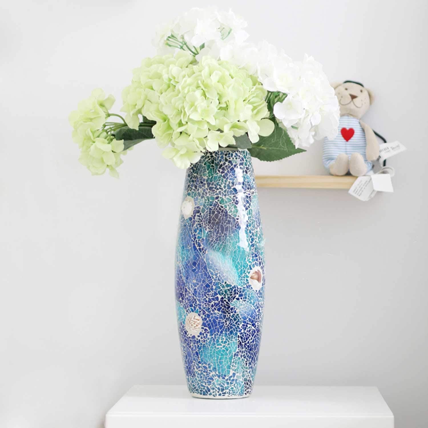 Decorative Shine Vase Stunning Handmade Mosaic Crackle Glass House Decor Table Centerpieces Modern Room Decoration (Blue)
