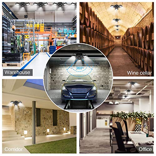 2 Pack 80W LED Garage Lights, Deformable Garage Light with 3 Adjustable Wings, 8000LM, E26 LED Shop Light, Barn Light, High Bay Light, Ceiling Lighting Fixture for Warehouse (No Motion Detection)