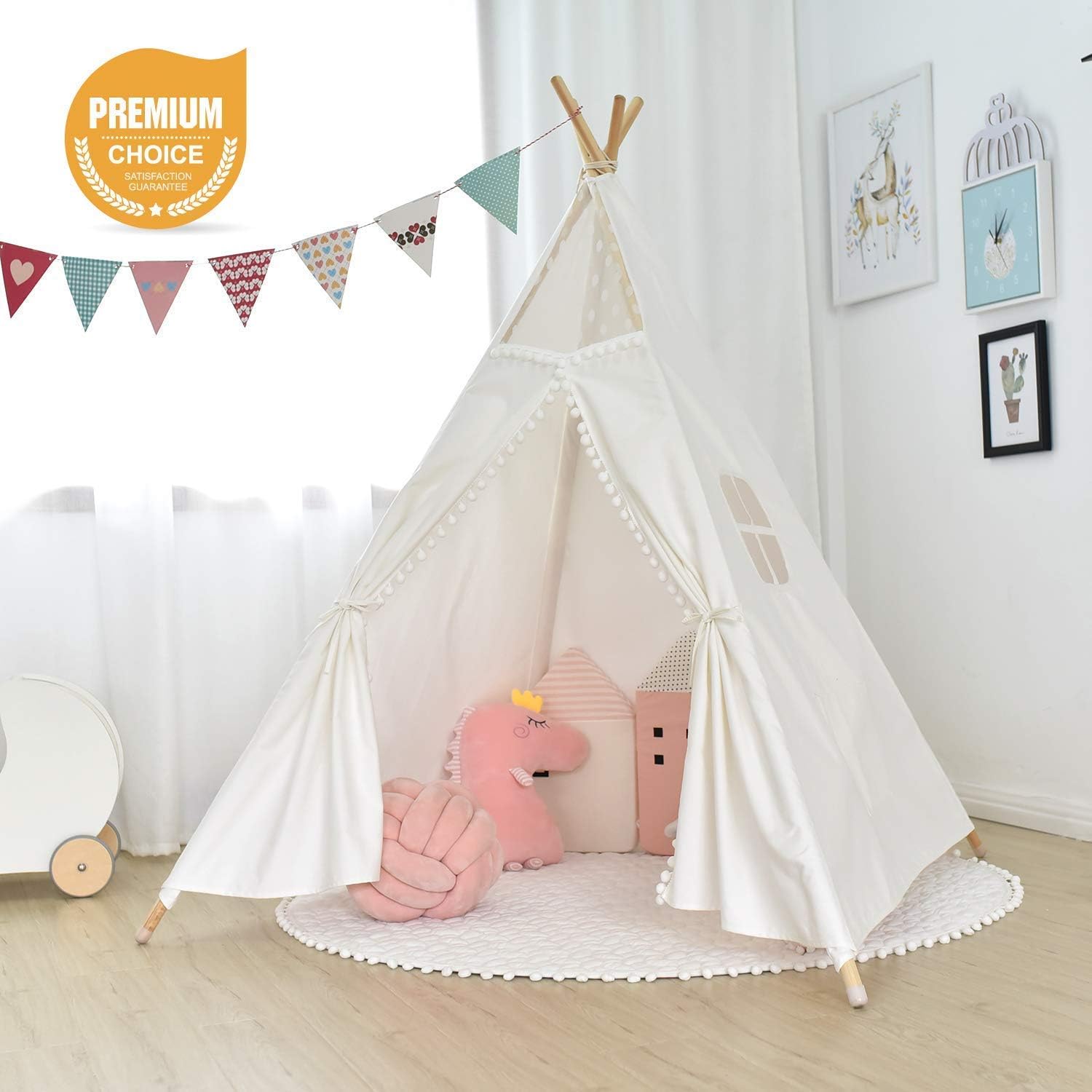 Airiir Teepee Tent for Kids, Transparent Gauze Children Play Tent with 55" Mat & Flag - 4 Wooden Poles Canvas Tipi