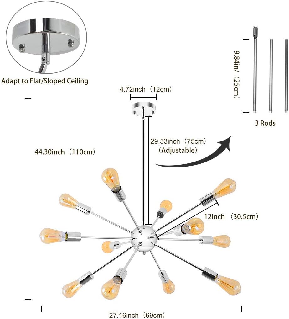 Modern Sputnik Chandeliers 12 Lights Mid Century Vintage Ceiling Light Fixture Industrial Pendant Lighting for Kitchen Dining Room Living Room Bedroom, Nickel - - 