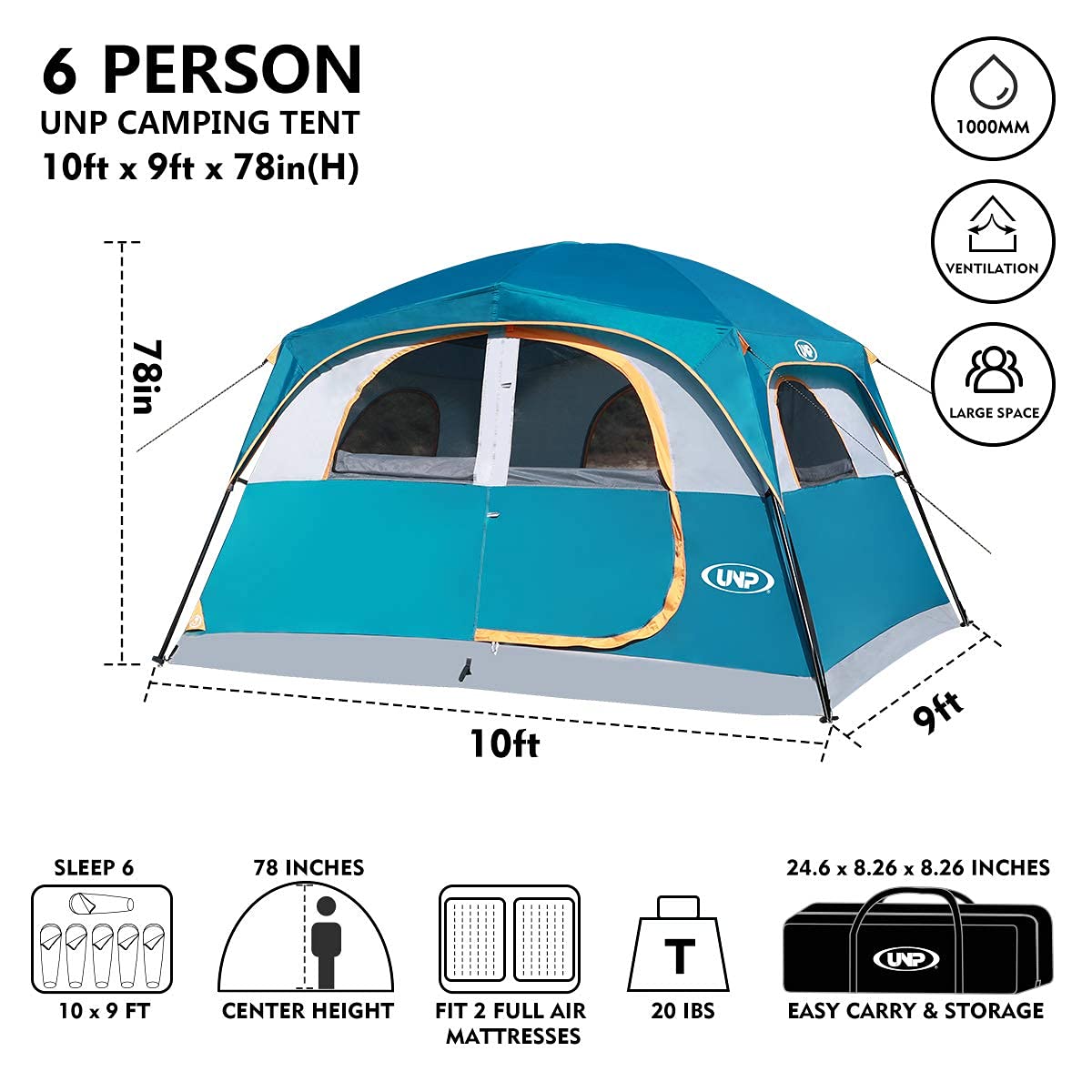 UNP Tents 6 Person Waterproof Windproof Easy Setup,Double Layer Family Camping Tent with 1 Mesh Door & 5 Large Mesh Windows -10'X9'X78in(H)