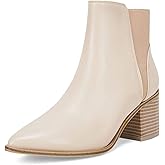 Coutgo Womens Pointed Toe Ankle Boots Elastic Chunky Block Stacked Mid Heel Slip On Chelsea Booties