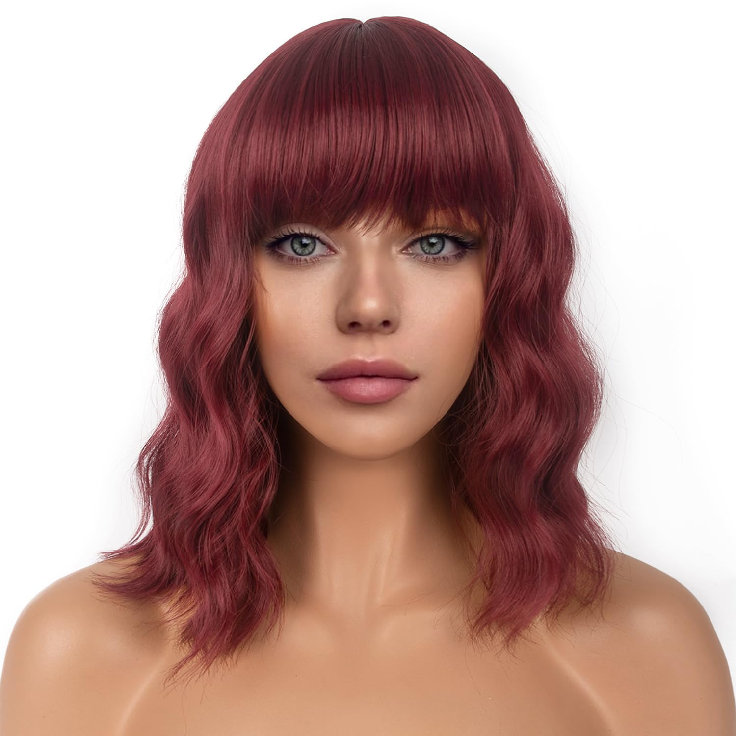 Photo 1 of LANCAINI Short Bob Wigs with Bangs for Women Loose Wavy Wig Curly Wavy Shoulder Length Bob Synthetic Cosplay Wig for Girl Colorful Costume Wigs (Auburn)
