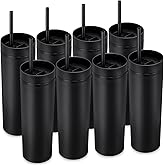 Potchen 8 Pcs Skinny Tumbler with Lid and Straw, 16 oz Matte Acrylic Tumbler Insulated Double Wall Plastic Reusable Cups Vinyl Customized DIY Gifts for Parties, Birthday, Home, Office (Black)