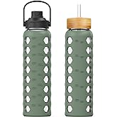 MUKOKO 32oz Glass Water Bottles with 2 Lids-Handle Spout Lid&Bamboo Straw Lid, Motivational Water Tumbler with Time Marker Reminder and Silicone Sleeve, Leakproof-Olive-1 Pack
