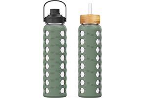 MUKOKO 32oz Glass Water Bottles with 2 Lids-Handle Spout Lid&Bamboo Straw Lid, Motivational Water Tumbler with Time Marker Reminder and Silicone Sleeve, Leakproof-Olive-1 Pack
