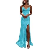 Spaghetti Strap Sparkly Sequin Mermaid Prom Dress with Slit Long Corset Formal Dress Evening Gowns
