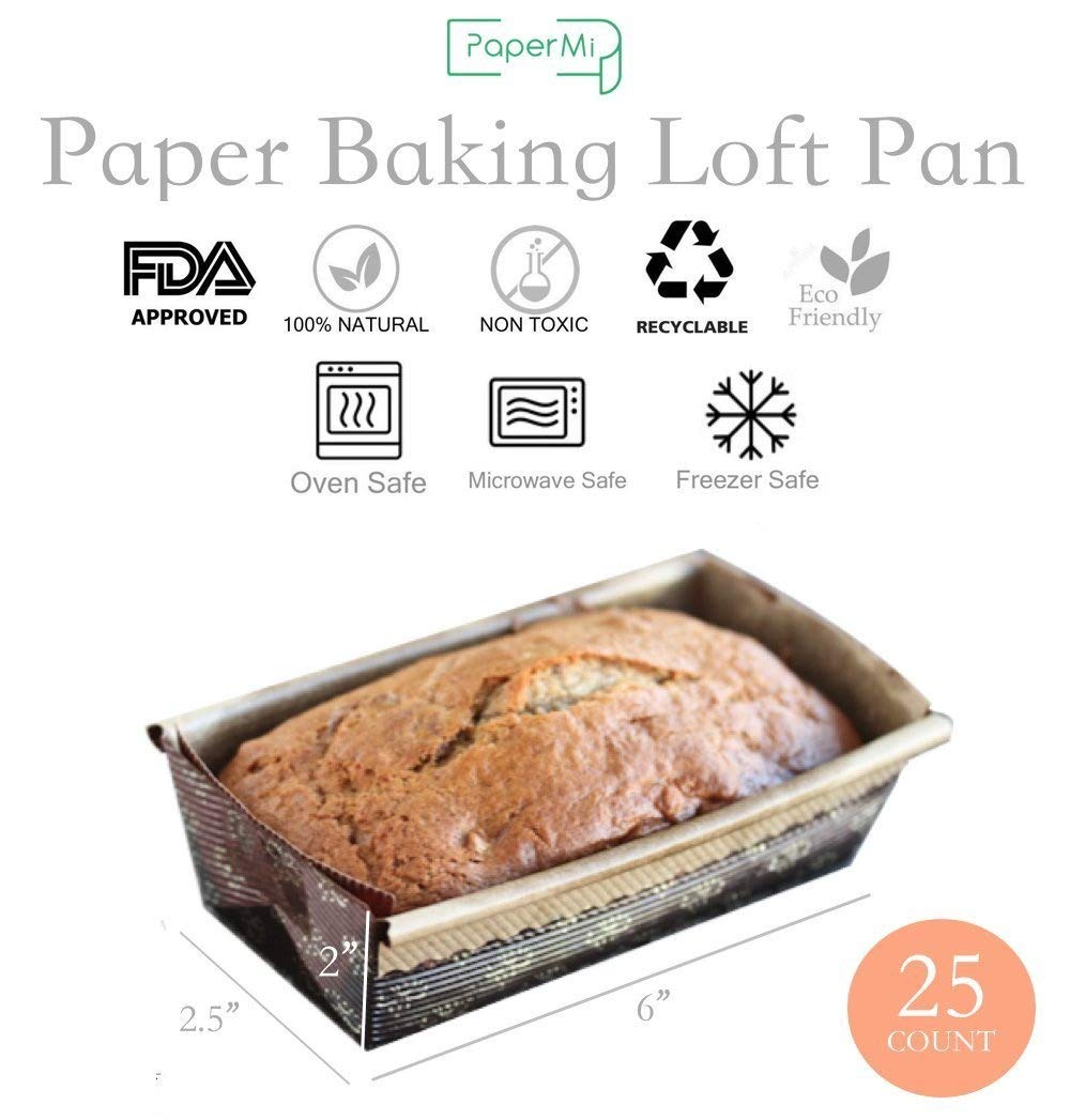Paper Loaf Pan, Disposable Paper Baking Loft Mold 25ct, All Natural FDA Approved, Recyclable, Microwave Oven Freezer Safe, Providing Beautiful Display For Baked Goods (6"x 2.5"x2")