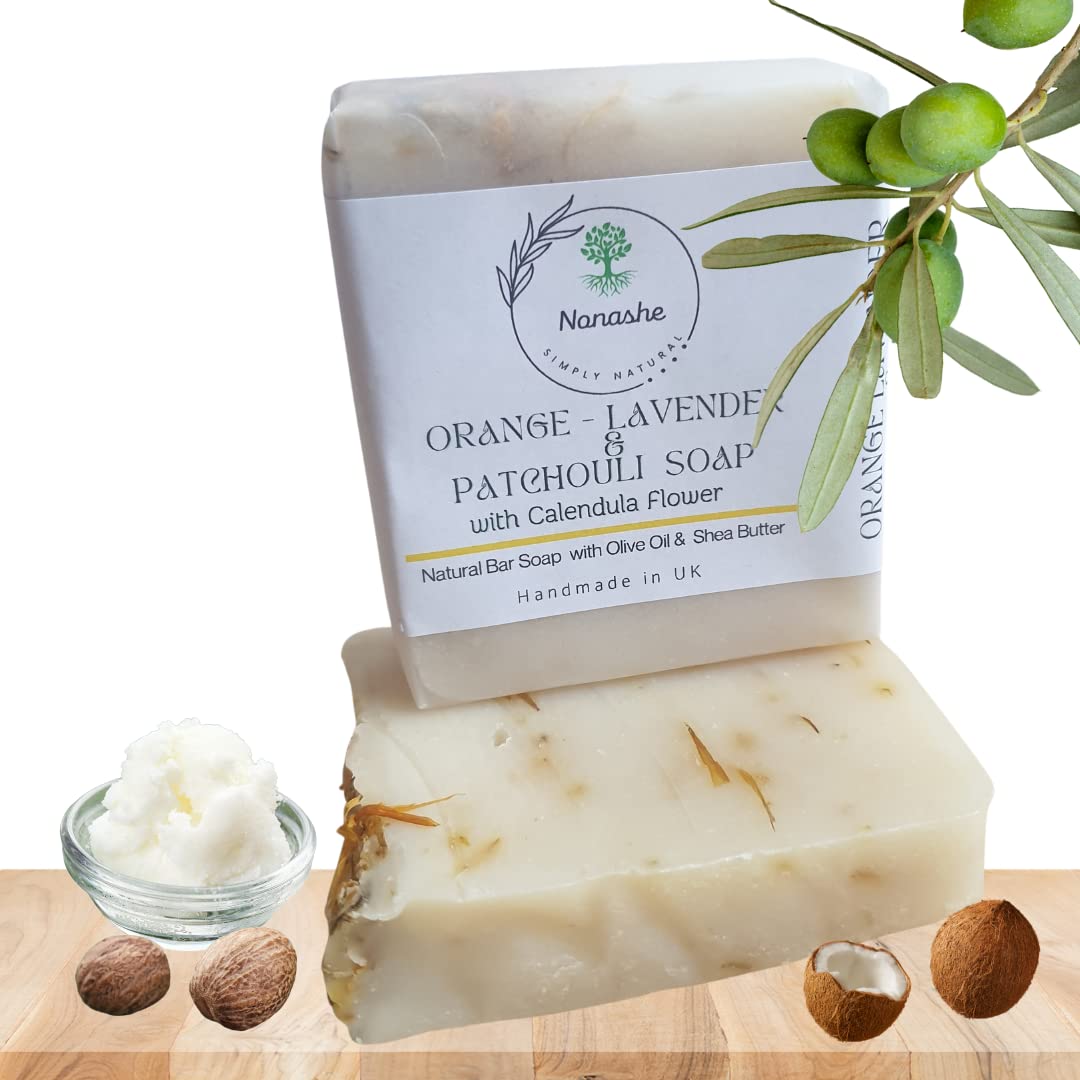 Nonashe Handmade Calendula Flower Cleansing Bar Soap With Olive Oil,Scented with Orange,Lavender & Patchouli,Natural Ingredients,Vegan & Palm Oil Free, Face,Body for Women & Men (100 g (Pack of 1))