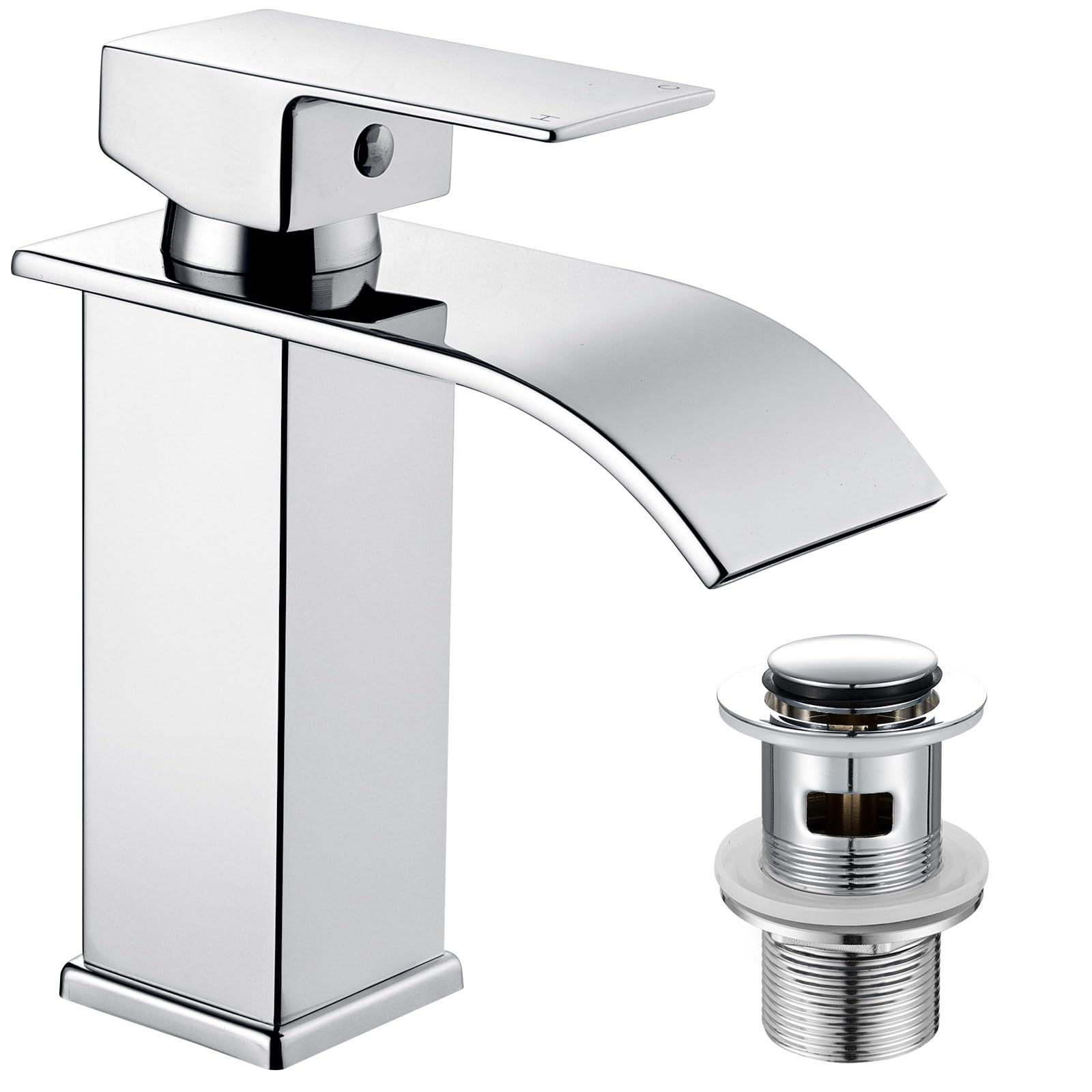 Peppermint Basin Taps Mixers Waterfall with Slotted Pop-up Waste Bathroom Sink Mixer Tap Square Stainless Steel Monobloc 1 Hole with G1/2'' Hoses Modern Cloakroom Taps Mono