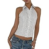 Women Collared Halter Neck Tank Top Sleeveless Button Down Cami Tops Dressy Backless Going Out Shirt Top