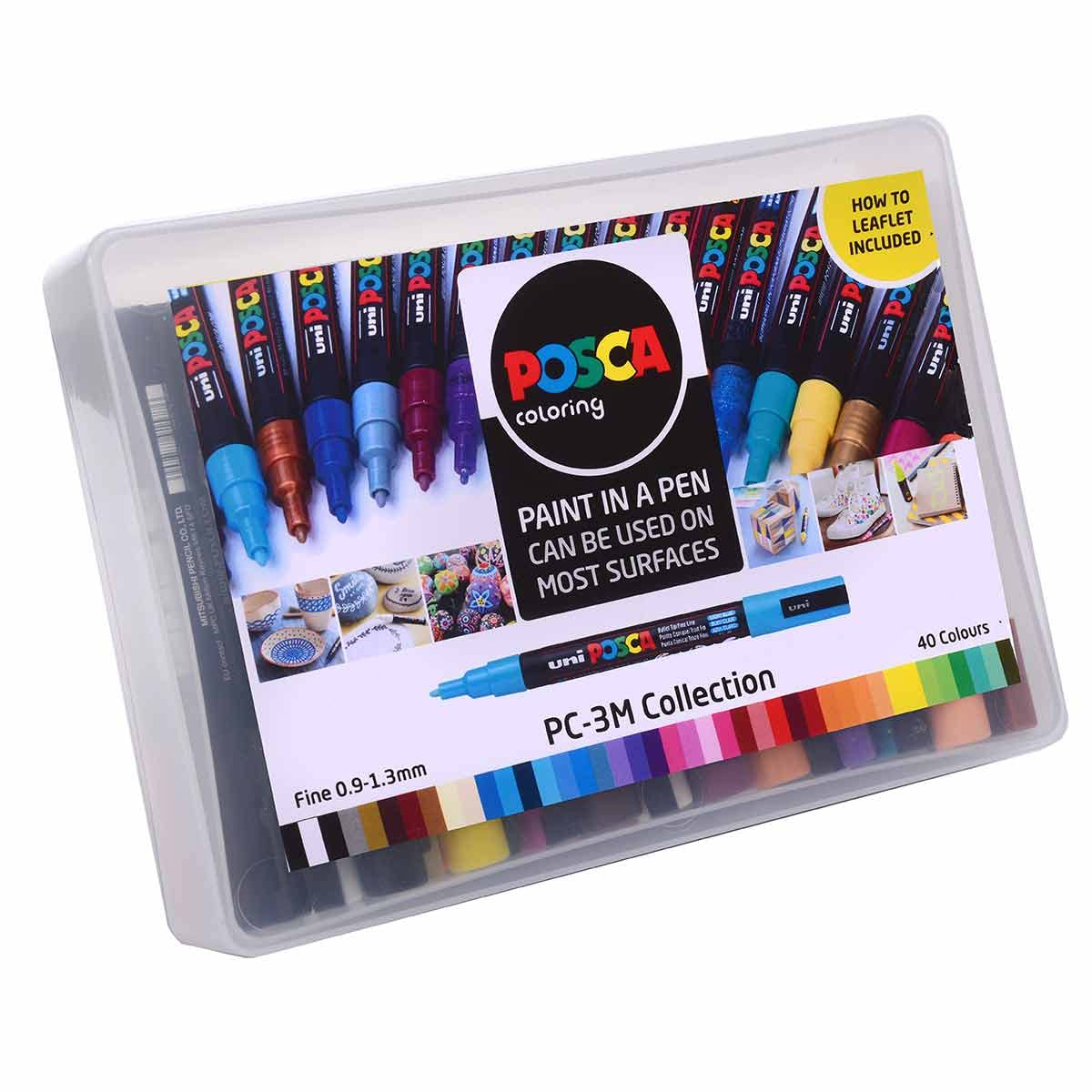 Posca Pens PC-3M Medium Acrylic Coloured Permanent Paint Markers for Adults. Perfect for Colouring, Fabric, Graffiti, Watercolour, Outline Drawing, Window and Glass Art. Set of 40