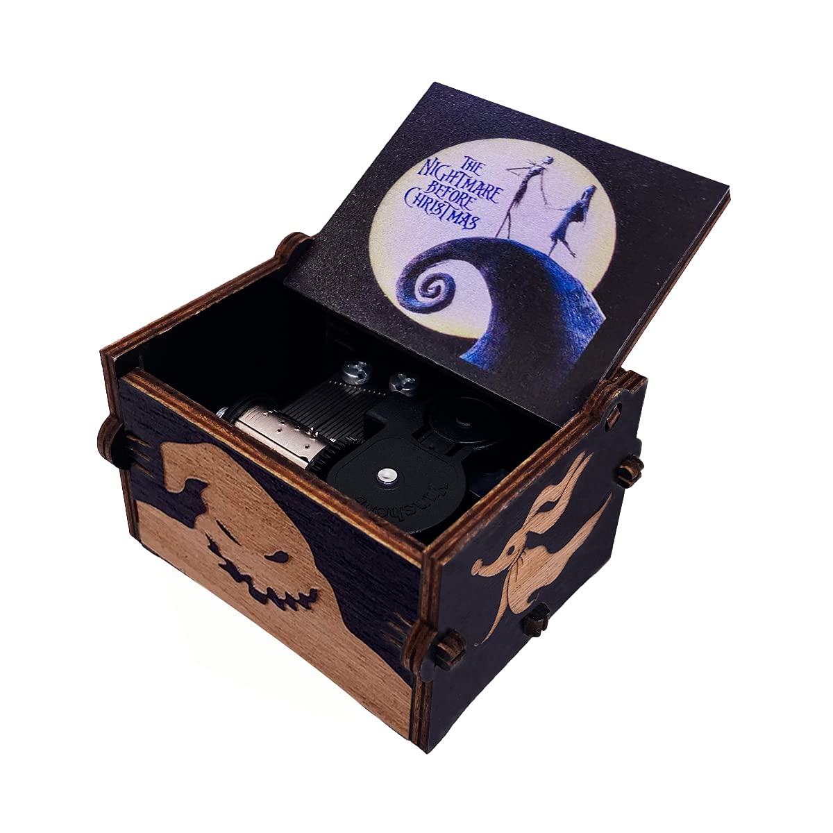 Youtang The Halloween Nightmare Christmas Painted Music Box Wind Up Musical Box Clockwork Carved Wood Musical Gifts for Fans (White-Black-Windup)