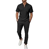 Bealin Mens Summer Beach Outfits 2 Piece Casual Quarter Zip Short Sleeve Vertical Stripe Shirt and Loose Pants Set