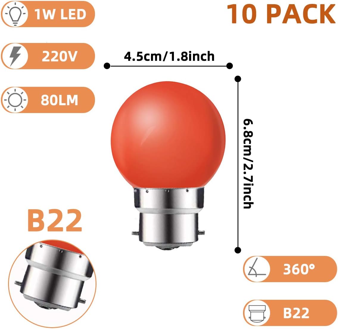 MZYOYO 10 Pack B22 Bayonet Coloured LED Light Bulbs,1W G45 Golf Ball Mini Globe Bulb,Red Yellow Blue Green Purple for Outdoor Indoor String Christmas - Image 3