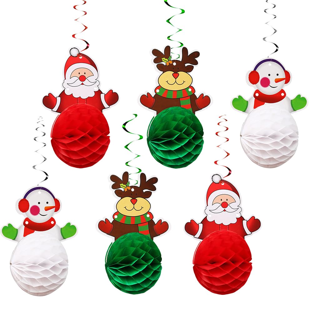 Amosfun 6pcs Christmas Hanging Swirl Decoration Kit Christmas Honeycomb Balls Decorations Santa Claus Reindeer Snowman Greem Hanging Ceiling for Xmas Holdiay Party Supplies