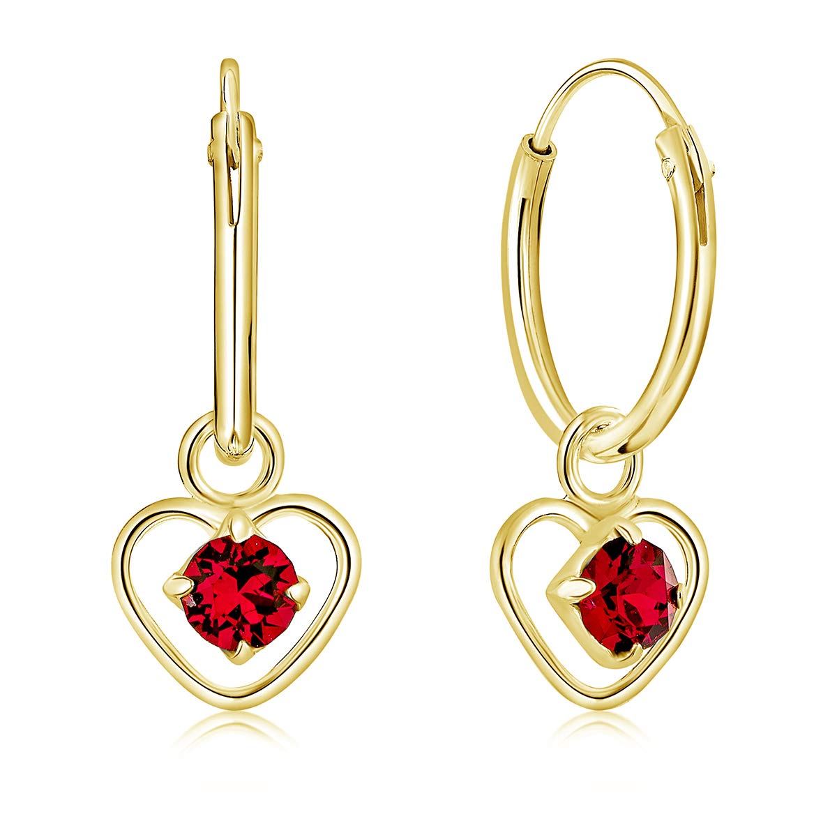 DTPsilver® 925 Sterling Silver Yellow Gold Plated SMALL Hoops Earrings & Dangling Heart with 3 mm Crystals from Swarovski® Elements - Thickness 1.5 mm - Diameter: 14 mm - Colour : Ruby — image 1