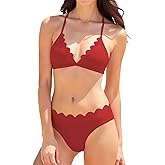 Vivola Bikini Sets for Women V Neck Scalloped Edge Bathing Suit Sexy Back Tie Strap Swimsuit for Beach and Pool