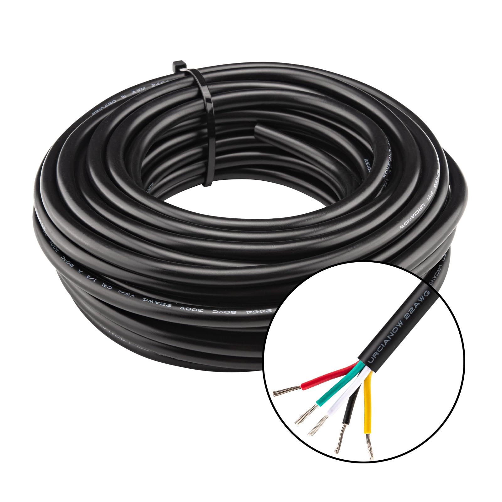 Urcianow 22 Gauge 5 Core Cable 0.32mm Electrical Wire 10Meters 22awg 3.5Amps Black PVC Tinned Copper wire Cable UL2464 Extension Low Voltage Cable For Control System