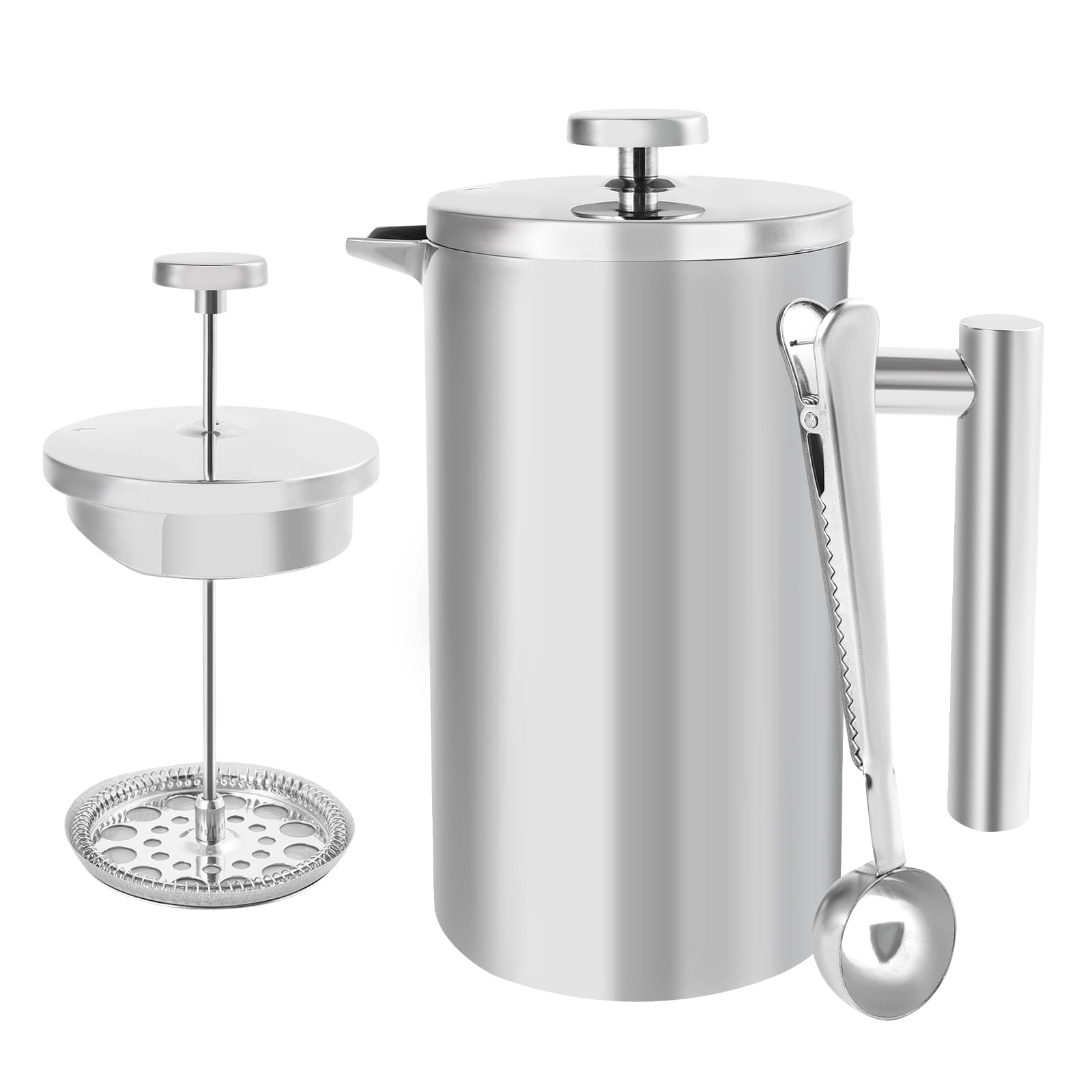 French Press 1 Litre Coffee Maker, 1000 ml Stainless Steel Coffee Press with 3-Stage Filter, Double-Walled Insulated Coffee Pot with Spoon