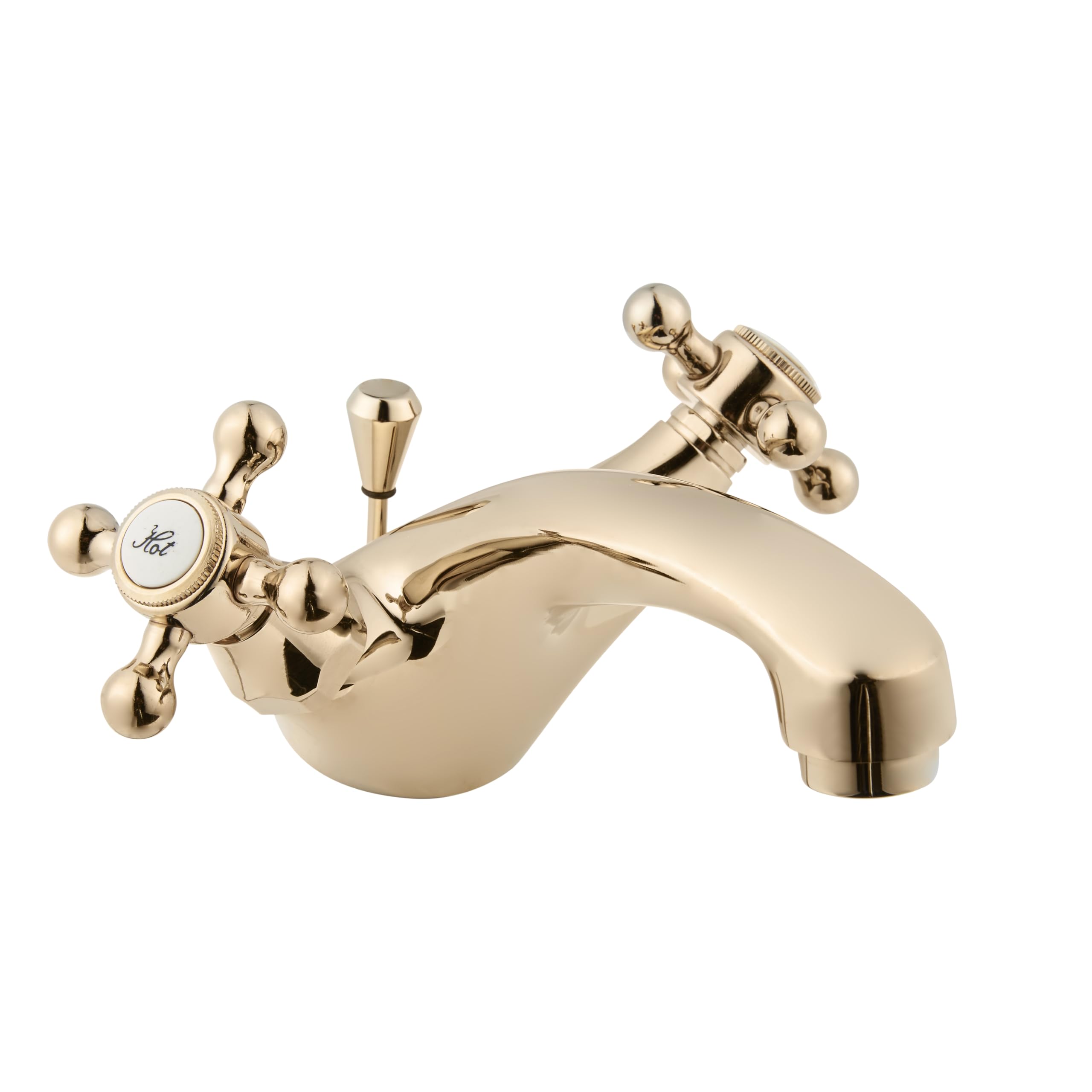Deva Tudor Bathroom Basin Mixer Tap in Gold - With Pop Up Waste - Dual Cross Handle - Hot & Cold Taps - Victorian Era Deck Mounted Bathroom Basin Single Hole Brass Faucet - TUD113/501