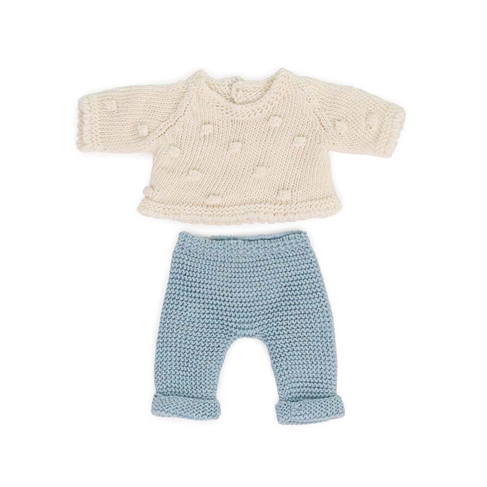 Miniland Dolls: Knitted Doll outfit 21cm - Sweater & Trousers, made of recycled materials, for 21cm Baby doll. Model: Sweater & Trousers in blue.
