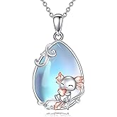 LUHE Moonstone Necklace 925 Sterling Silver Fox/Axolotl/Cat/Raccoon/Penguin/Frog/Panda/Highland Cow Pendant Necklace Animal Jewelry Gifts for Women