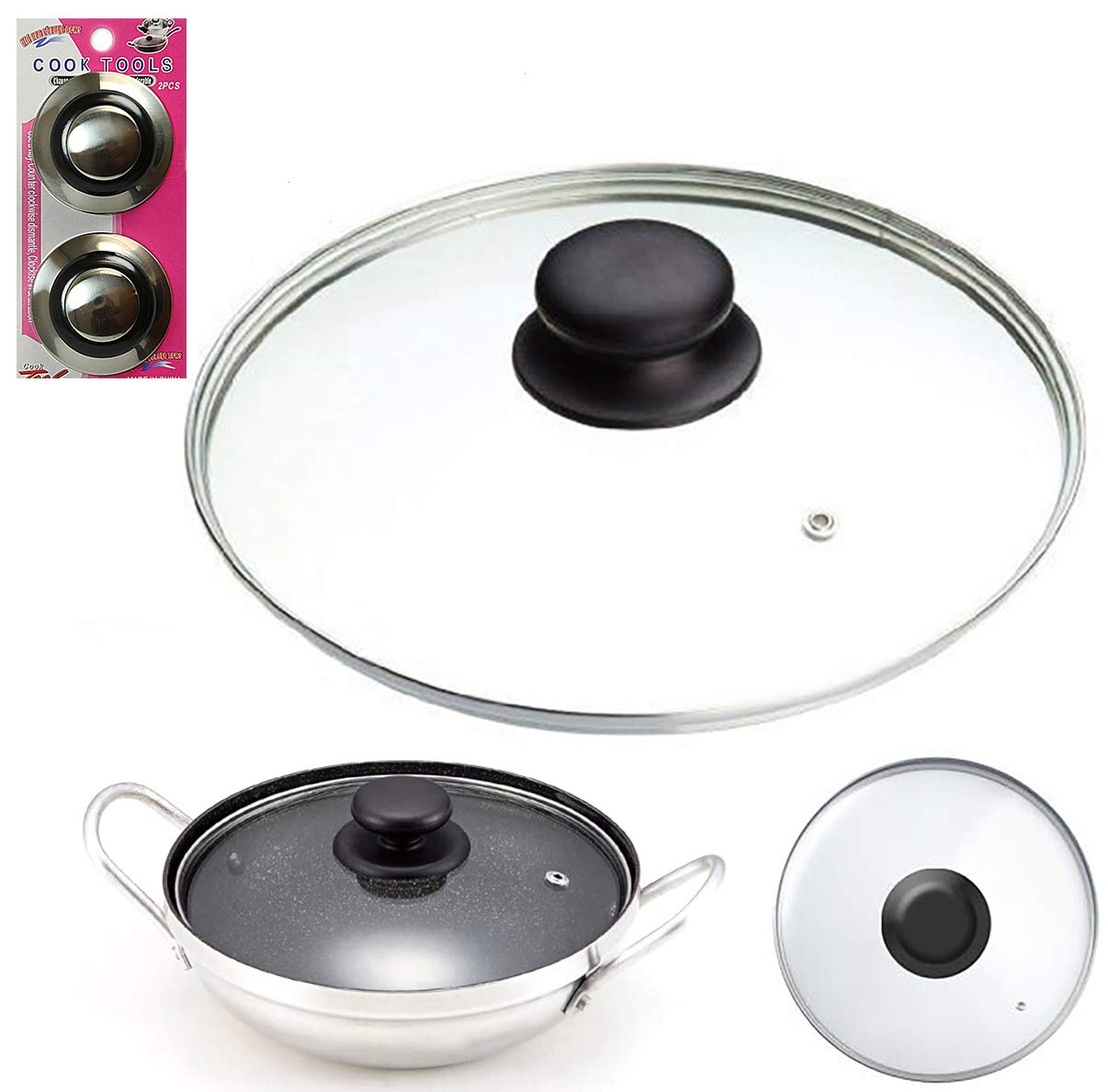 HK Online Tempered Glass Pan Lid with 2 Knobs, 18 cm Size