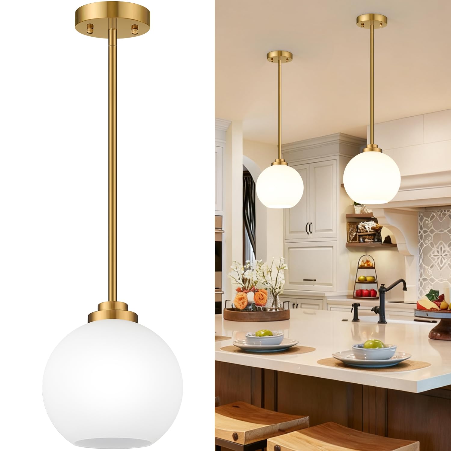 Photo 1 of 2 Pack 7.2-Inch Globe Pendant Lights, Mid Century Gold Pendant Light Fixtures, Globe Pendant Lights Kitchen Island with Milk Glass Shade Adjustable Hanging Fixture for Dining Room (Bulbs not Included)