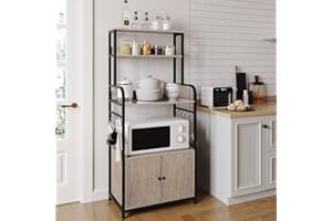 Yaheetech 4-Tier Kitchen Bakers Rack with Storage Cabinet and Hutch, Microwave Oven Stand Coffee Bar Pantry Cabinet with 8 S Hooks, Freestanding Kitchen Shelves Spice Rack, Gray