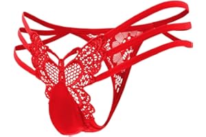 ChiaoLezhee Mens Sexy Butterfly Thong Lingerie, Sissy Floral Lace, Girly String Panties, Low Rise Femboy Underwear